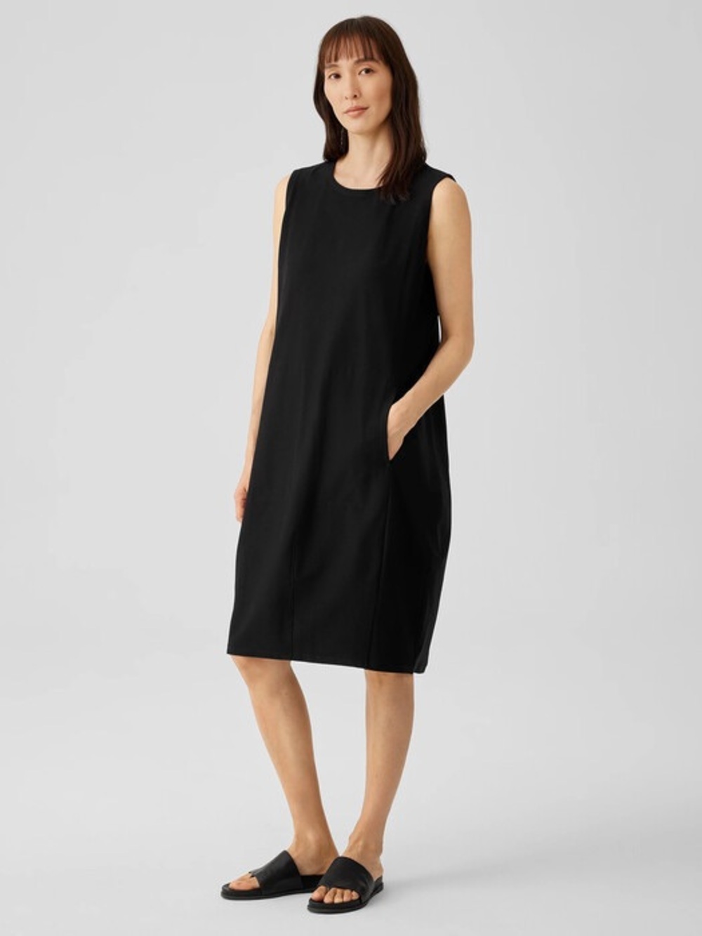 Eileen Fisher Black Organic Cotton Round Neck Sleeveless Midi Shift Dress - Picture 3 of 8